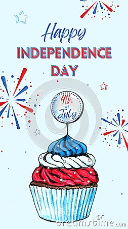 Blue And Red Minimalist Watercolor illustrated Happy 4th of July Independence Day Instagram Story Stock Photo