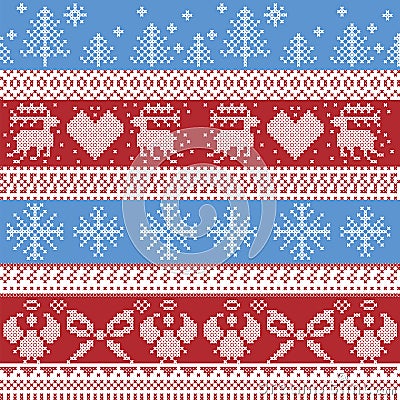 Blue and red Nordic Christmas winter pattern with reindeer,rabbits, Xmas trees, angels, bow in Scandinavian style cross stitch Vector Illustration