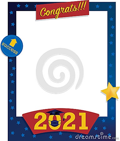 Blue and red photo frame poster with stars for graduation celebration selfie with cap and gown for graduating students. Photoboth Vector Illustration