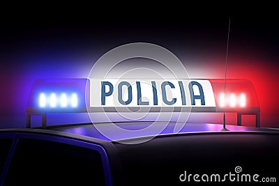 Blue and red police lights - Police English/ Policia Spanish Stock Photo