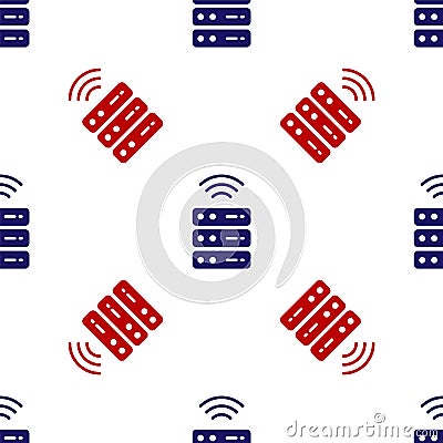 Blue and red Smart Server, Data, Web Hosting icon isolated seamless pattern on white background. Internet of things Vector Illustration