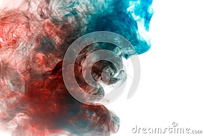 Blue-red smoke swirls on a white background depicting a beautiful pattern, decorative ornaments. Color transition by substance mo Stock Photo