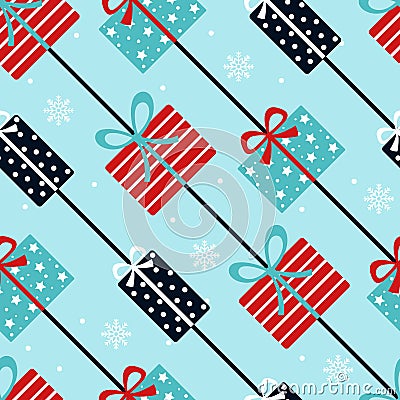 Blue and red vintage diagonal seamless pattern with christmas gifts and snowflakes Vector Illustration