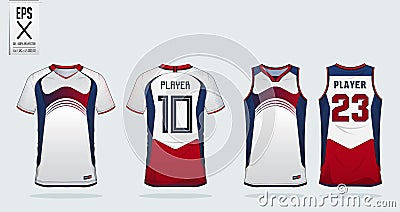 Blue-Red-White sport shirt design template for soccer jersey, football kit and tank top for basketball jersey. Sport uniform. Vector Illustration