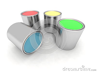 Blue, red, yellow and green paint cans Stock Photo