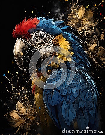 Blue, red and yellow macaw silhouette, full body, on black background with copy space Stock Photo