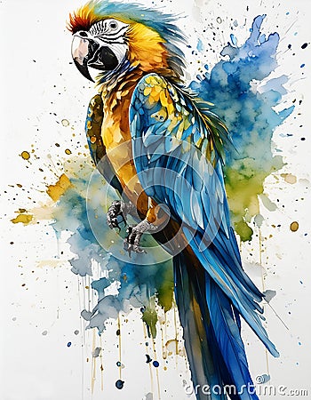 Blue, red and yellow macaw silhouette, full body, on white background with copy space Stock Photo