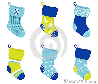 Blue retro Christmas Socks collection. Vector Illustration