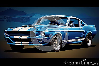 Blue Retro Ford Mustang Shelby GT350 Front View Against a Dark Background Stock Photo