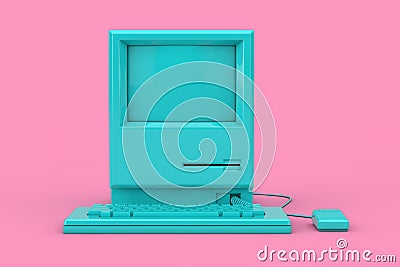 Blue Retro Personal Computer. The System Unit, Monitor, Keyboard and Mouse Mock Up Duotone. 3d Rendering Stock Photo