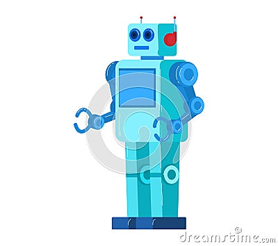 Blue retro robot with claw hands standing. Friendly robot character, digital automation concept vector illustration Vector Illustration