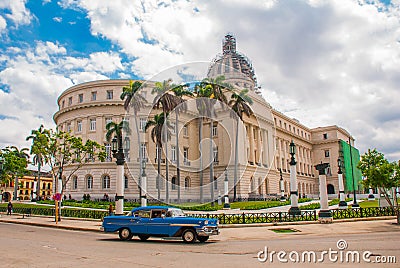 Blue retro vintage car. Capitolio Nacional, El Capitolio on blue sky background with clouds. Havana. Cuba Editorial Stock Photo