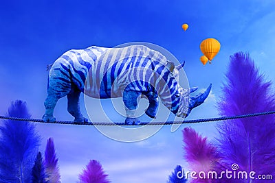 Blue Rhino walking on rope Stock Photo