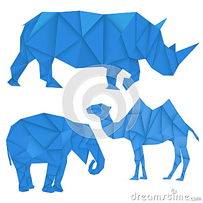 Blue rhinoceros, elephant and camel. Polygonal vector illustration Vector Illustration