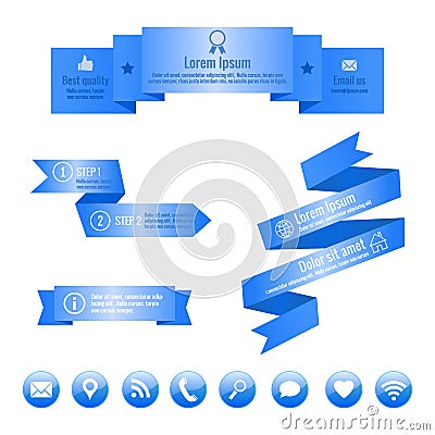 Blue ribbon banners and social media icons. Vector infographic elements. Vector Illustration