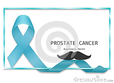 Blue ribbon with border and mustache vector, isolated on white background. Prostate cancer awareness Vector Illustration