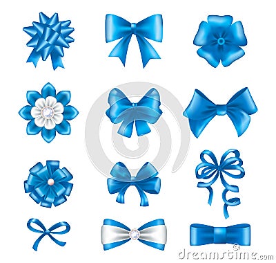 Blue ribbon bows set. Silk satin gift bows realistic vector Vector Illustration