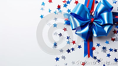 Festive Independence Day Sewing Paper Gift With Blue Bow Stock Photo