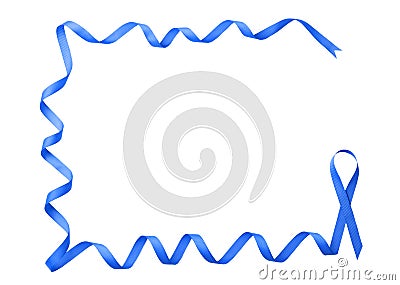 Blue ribbon on white background, top view. Colon cancer awareness concept Stock Photo