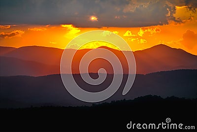 Blue Ridge Mountains Layered Sunset Rays Stock Photo