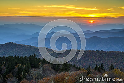 Blue Ridge Parkway Autumn Sunset over Appalachian Mountains Stock Photo