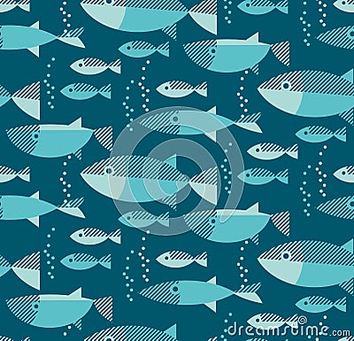 Blue river fish seamless pattern. Vector Illustration