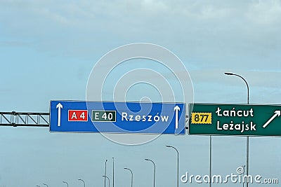 Blue road sign pointing to the highway to Rzeszow, Lancut and Lezajsk. Editorial Stock Photo