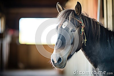 blue roan looking from vintage barn aperture Stock Photo