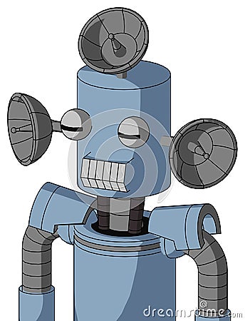 Blue Robot With Cylinder Head And Teeth Mouth And Two Eyes And Radar Dish Hat Stock Photo