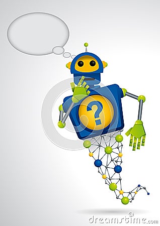 Blue robot genie with his hand on the jaw in attitude of thinking on white background Vector Illustration