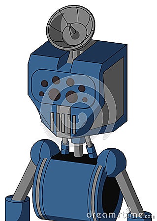 Blue Robot With Mechanical Head And Vent Mouth And Bug Eyes And Radar Dish Hat Stock Photo