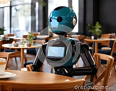 Blue Robot sits in a cafe. AI generated Stock Photo