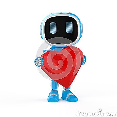 Blue robotic assistant or artificial intelligence robot with red heart Stock Photo