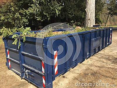 Blue roll off container filled with green waste branches, leaves Stock Photo