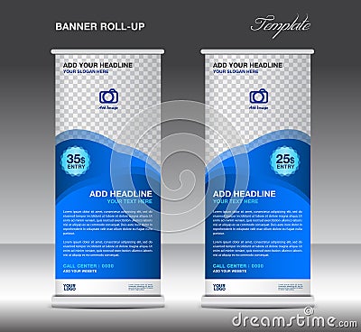 Blue Roll up banner stand template advertisement poster Vector Illustration
