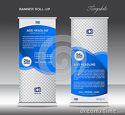 Blue Roll up banner template advertisement stand poster Vector Illustration