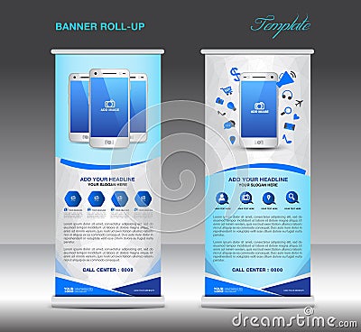 Blue Roll up banner template and Mobile infographics, stand dis Vector Illustration