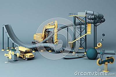 Blue Roller coaster in Amusement parks surrounding by a lot of colorful toys Stock Photo