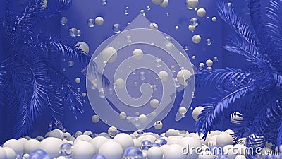 Blue room. Glass square and white balls. Abstract illustration, 3d render Cartoon Illustration