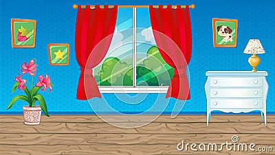 Blue Room With Red Curtain Vector Illustration