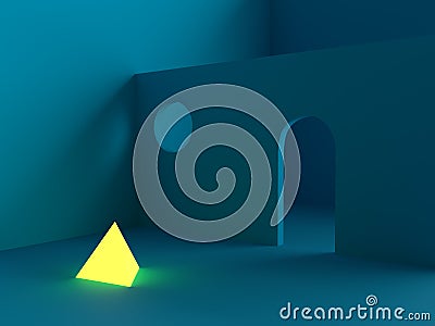 A blue room with a yellow pyramid. 3d render Stock Photo