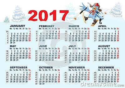 Blue Rooster symbol 2017 and calendar. Cartoon chicken skiing Vector Illustration