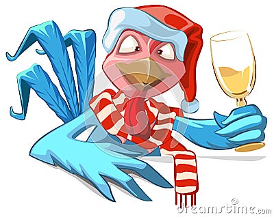 Blue Rooster symbol 2017. Santa drink champagne Vector Illustration