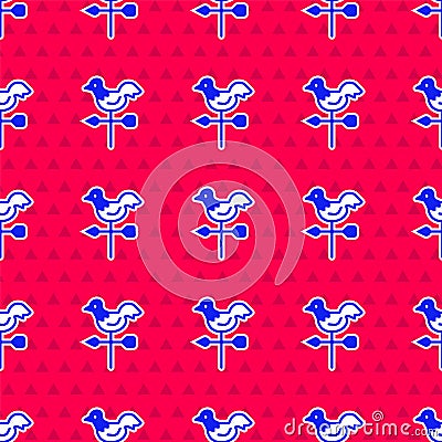 Blue Rooster weather vane icon isolated seamless pattern on red background. Weathercock sign. Windvane rooster. Vector Stock Photo