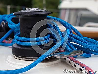 Blue rope tangle and black winche Stock Photo