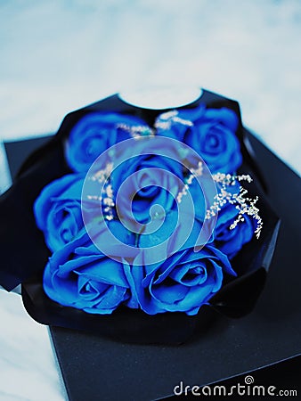 blue rose bear and sweet line light in gift box Stock Photo