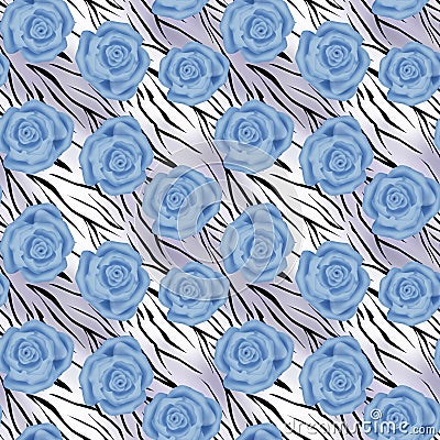 Blue roses tiger wild skin leather seamless pattern background Stock Photo