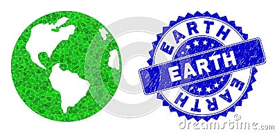 Rosette Rubber Stamp Seal and Green Vector Lowpoly Earth Globe mosaic Vector Illustration