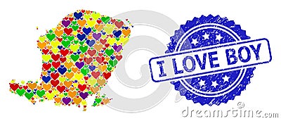 I Love Boy Grunge Badge and Bright Love Mosaic Map of Lombok Island for LGBT Vector Illustration