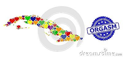 Orgasm Watermark Badge and Colored Lovely Mosaic Map of Cuba for LGBT Vector Illustration